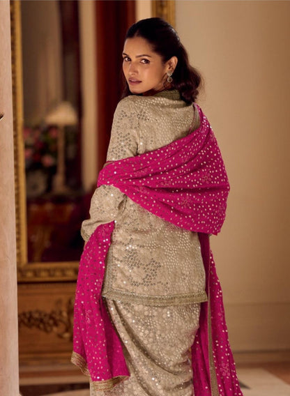 Anaita Cream Georgette Stitched Suit With Embroidery & Beats Work