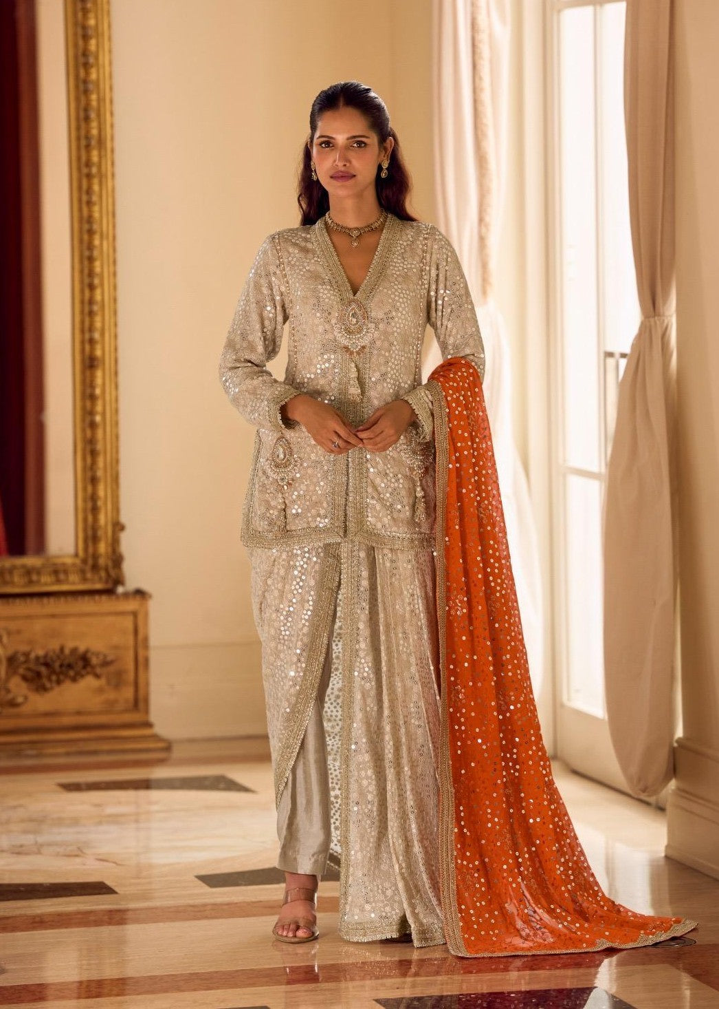 Anaita Cream Georgette Stitched Suit With Embroidery & Beats Work