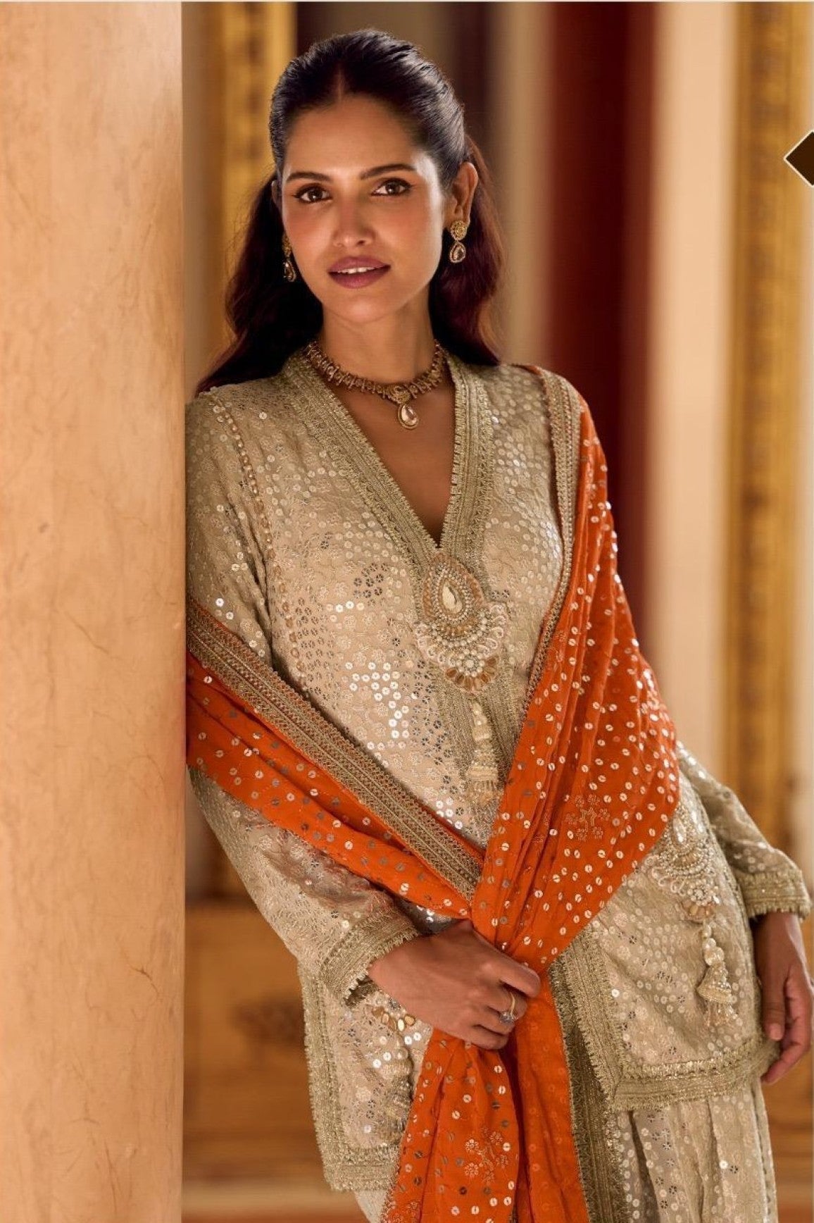 Anaita Cream Georgette Stitched Suit With Embroidery & Beats Work