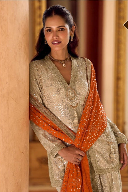 Anaita Cream Georgette Stitched Suit With Embroidery & Beats Work