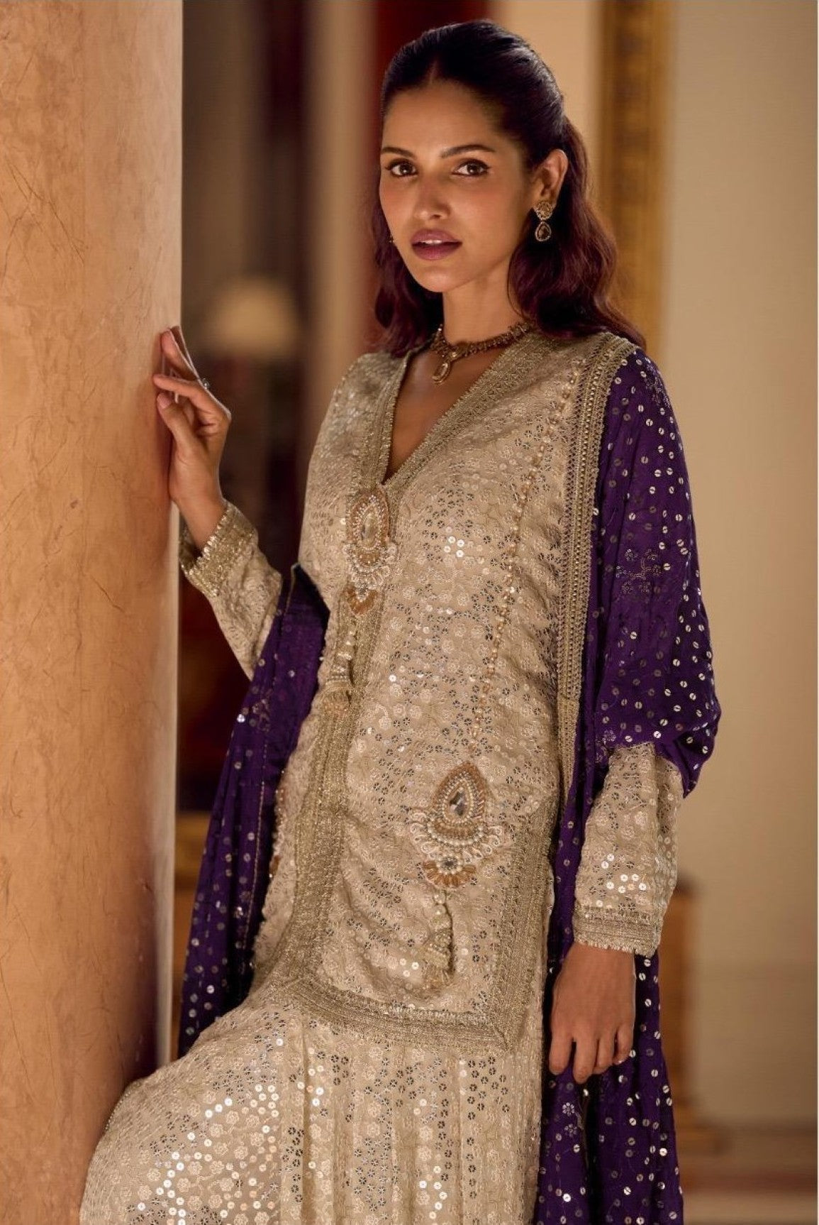 Anaita Cream Georgette Stitched Suit With Embroidery & Beats Work