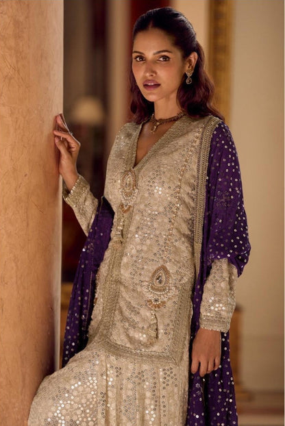 Anaita Cream Georgette Stitched Suit With Embroidery & Beats Work