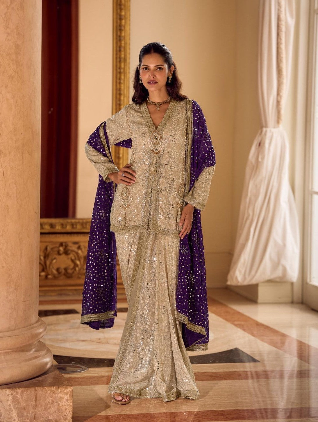 Anaita Cream Georgette Stitched Suit With Embroidery & Beats Work