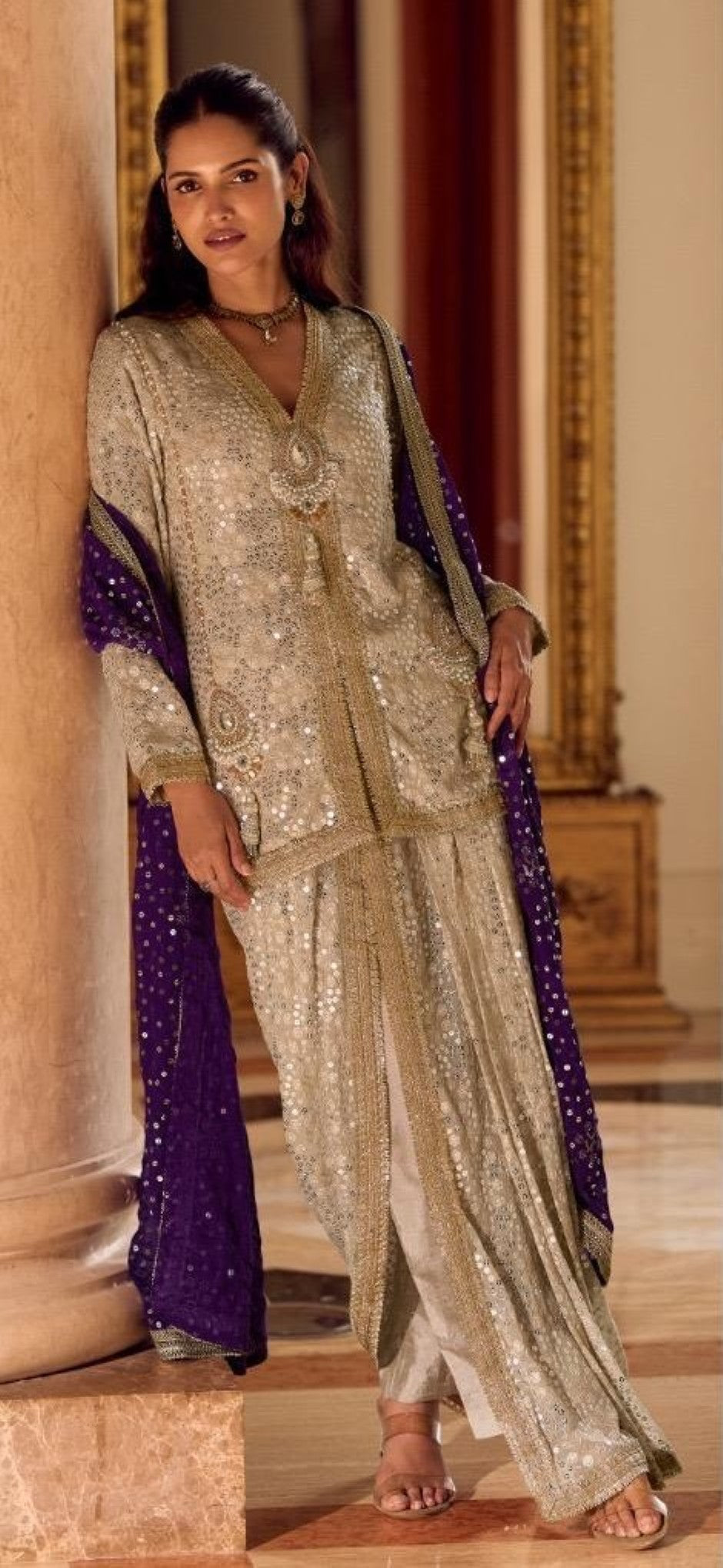 Anaita Cream Georgette Stitched Suit With Embroidery & Beats Work