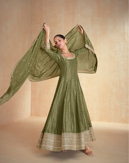 Anaita Olive Green Embroidered Viscose Jacquard Stitched Anarkali Suit
