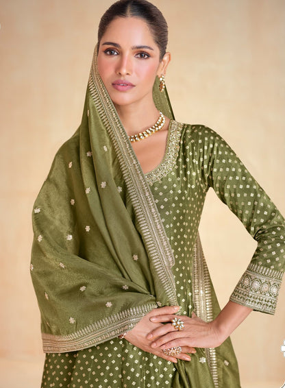 Anaita Olive Green Embroidered Viscose Jacquard Stitched Anarkali Suit
