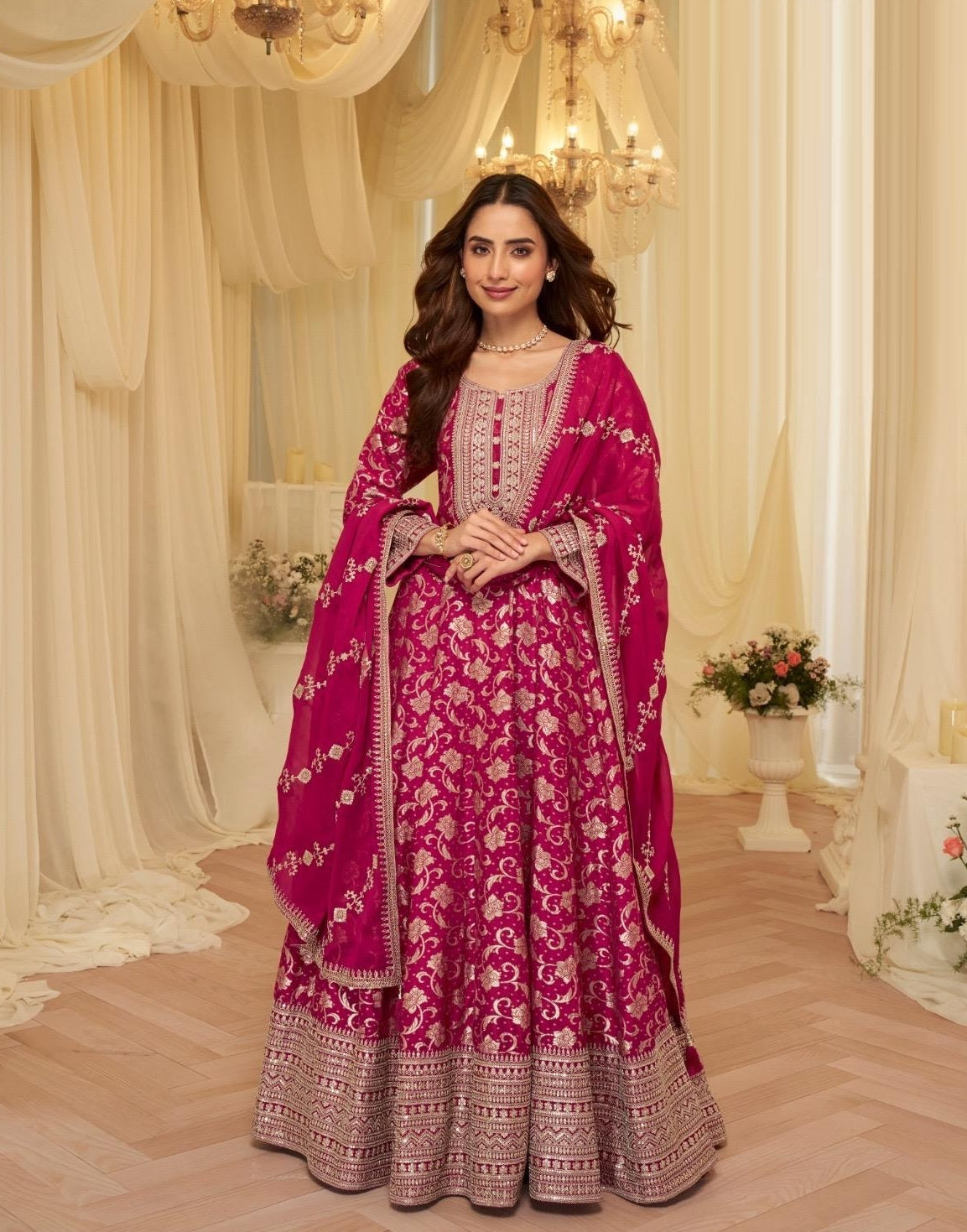 Anaita Pink Chinon Stitched Jacquard Anarkali Suit With Codding Dori & Sequence Work