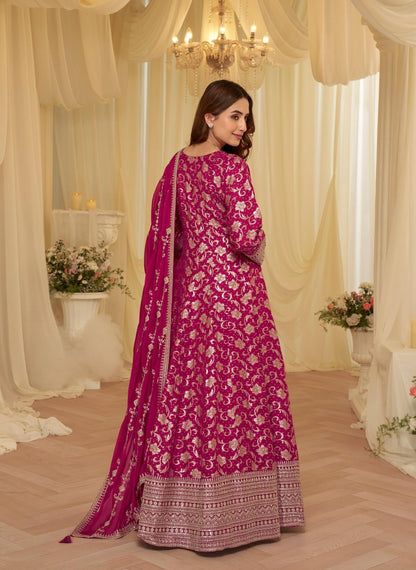 Anaita Pink Chinon Stitched Jacquard Anarkali Suit With Codding Dori & Sequence Work