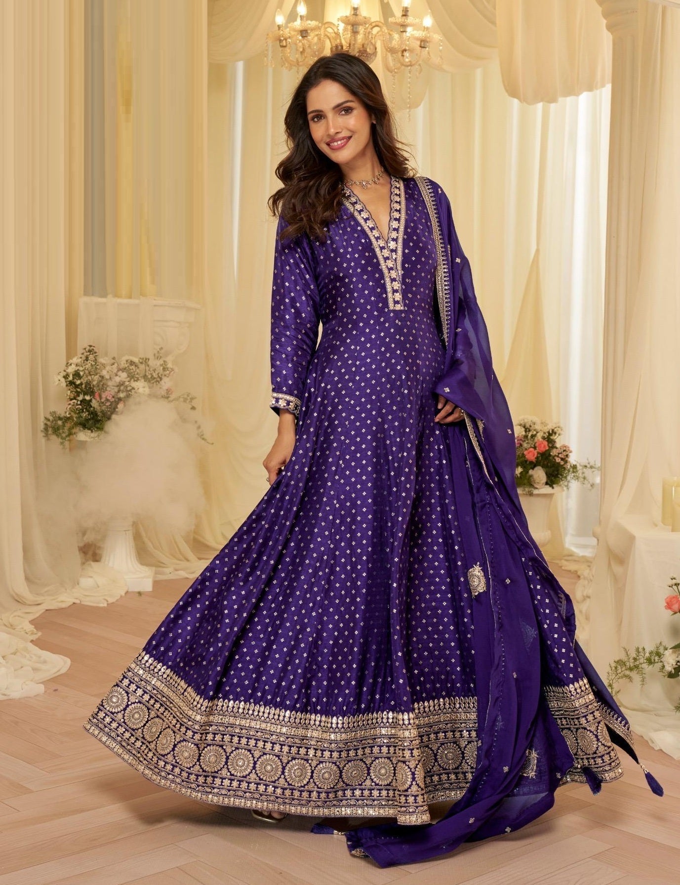 Anaita Purple Chinon Stitched Jacquard Anarkali Suit With Codding Dori & Sequence Work