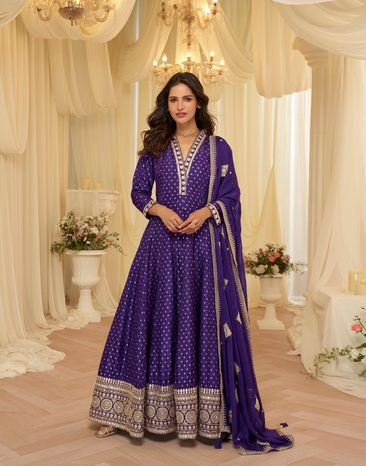 Anaita Purple Chinon Stitched Jacquard Anarkali Suit With Codding Dori & Sequence Work