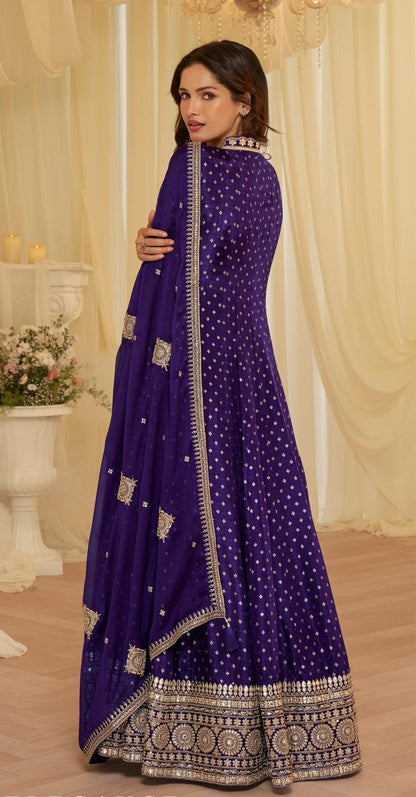 Anaita Purple Chinon Stitched Jacquard Anarkali Suit With Codding Dori & Sequence Work