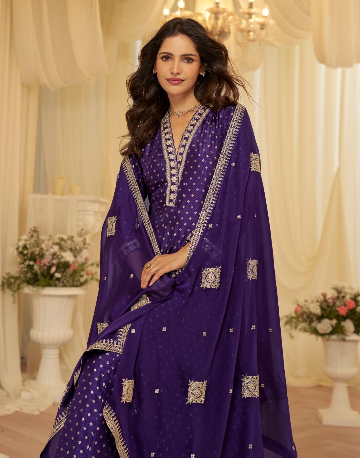 Anaita Purple Chinon Stitched Jacquard Anarkali Suit With Codding Dori & Sequence Work