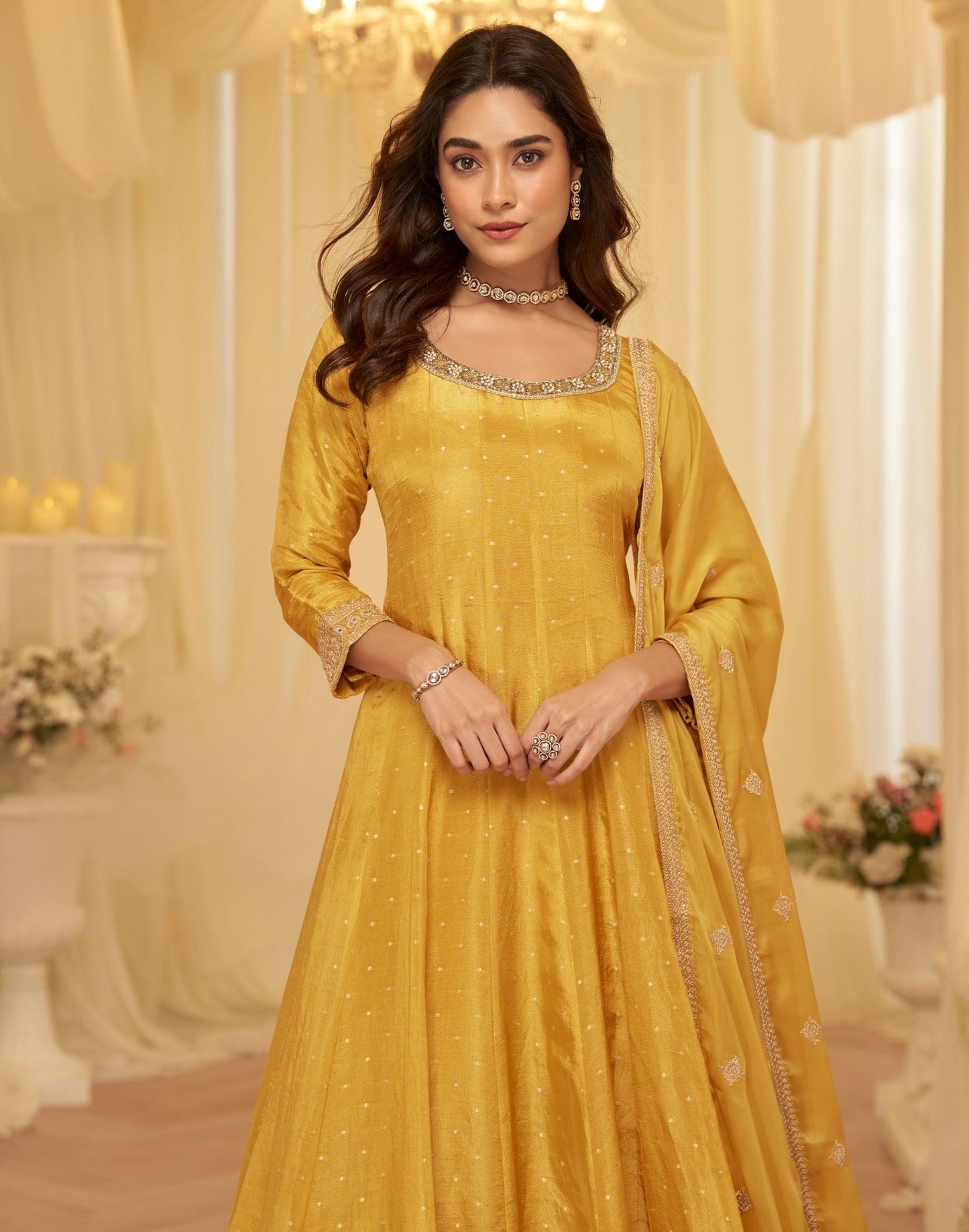 Anaita Yellow Chinon Stitched Jacquard Anarkali Suit With Codding Dori & Sequence Work