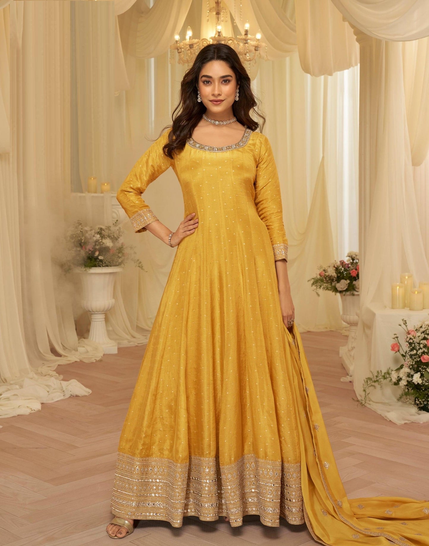 Anaita Yellow Chinon Stitched Jacquard Anarkali Suit With Codding Dori & Sequence Work