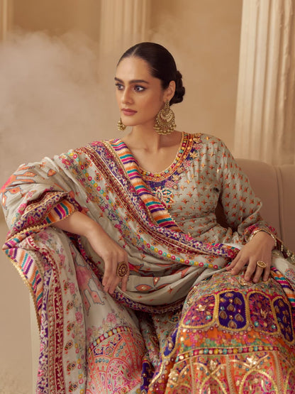 Anaita Beige Crepe Silk Stitched Suit with Digital Print & Zari Work