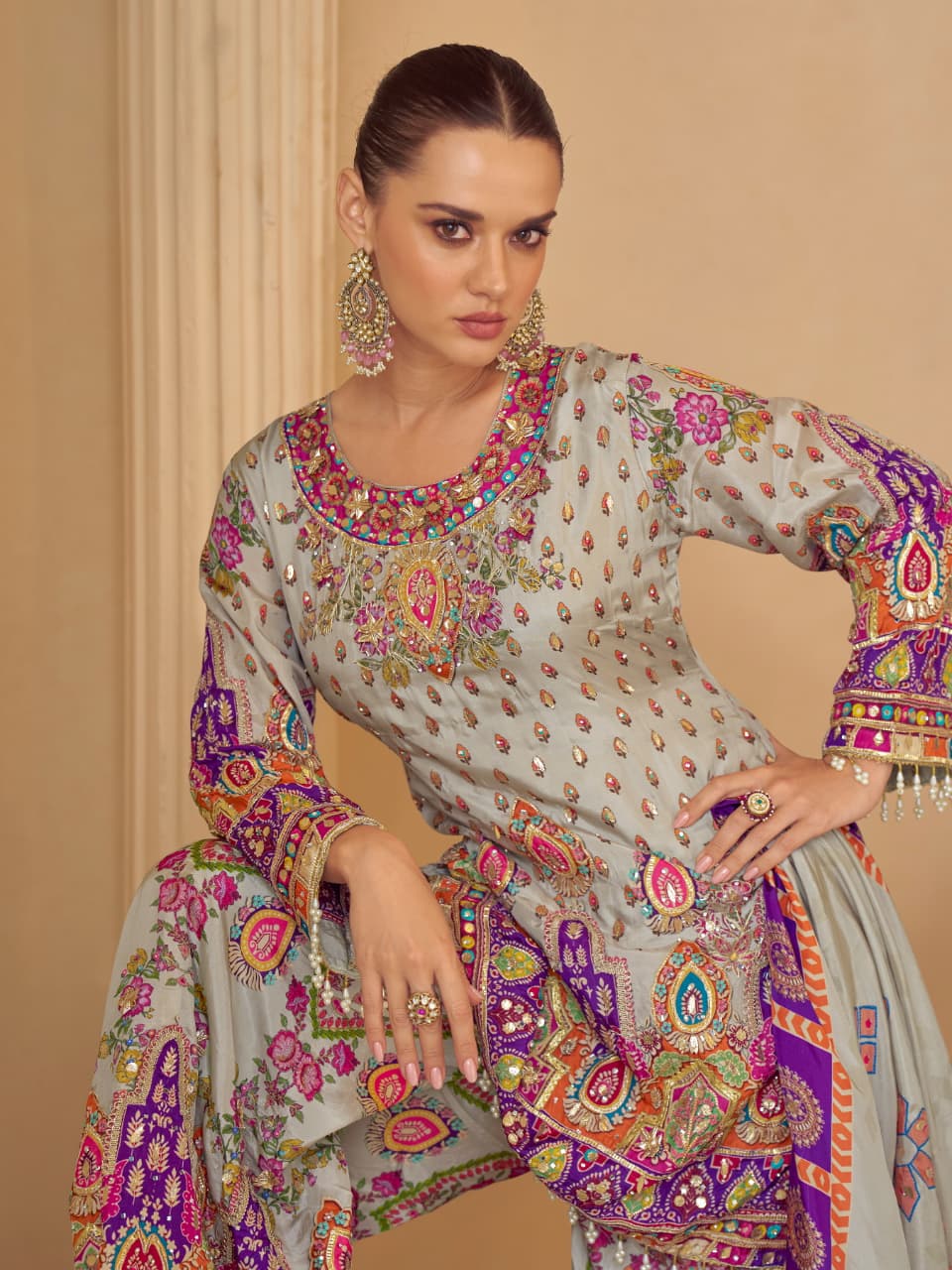 Anaita Blue Crepe Silk Stitched Suit with Digital Print & Zari Work