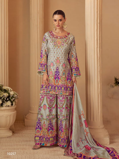 Anaita Blue Crepe Silk Stitched Suit with Digital Print & Zari Work