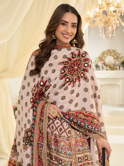 Anaita White Crepe Silk Stitched Suit with Aari & Digital Print Work