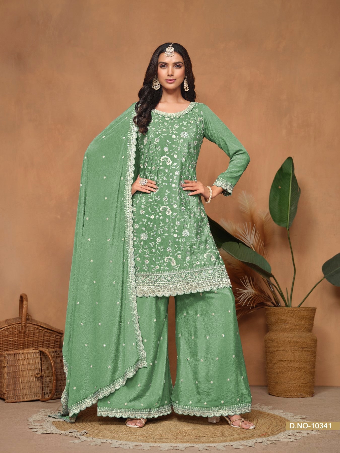 Anaita Green Embroidered Chinon Silk Palazzo Suit