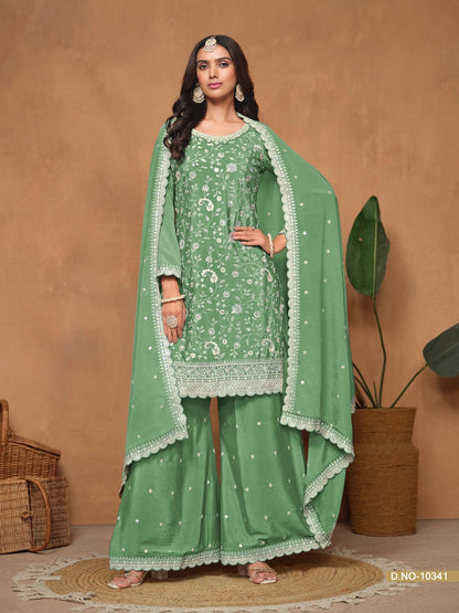 Anaita Green Embroidered Chinon Silk Palazzo Suit