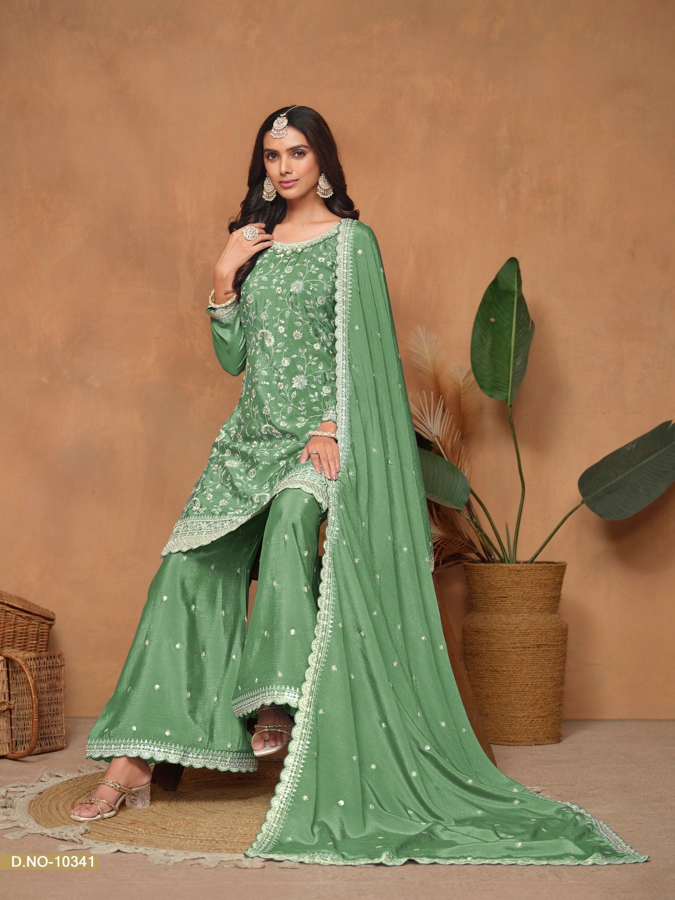 Anaita Green Embroidered Chinon Silk Palazzo Suit