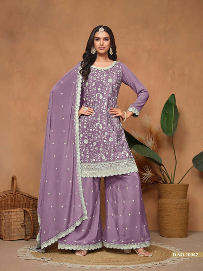 Anaita Lavender Embroidered Chinon Silk Palazzo Suit