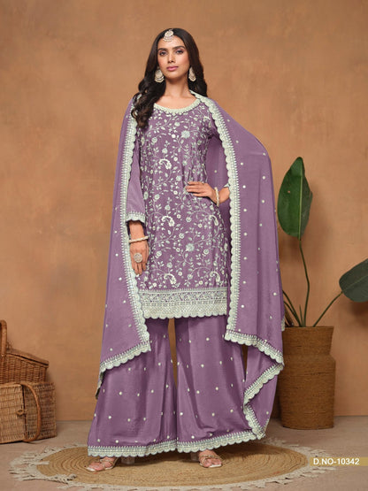 Anaita Lavender Embroidered Chinon Silk Palazzo Suit