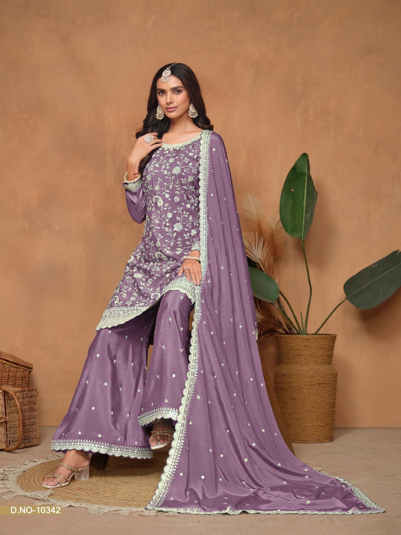 Anaita Lavender Embroidered Chinon Silk Palazzo Suit