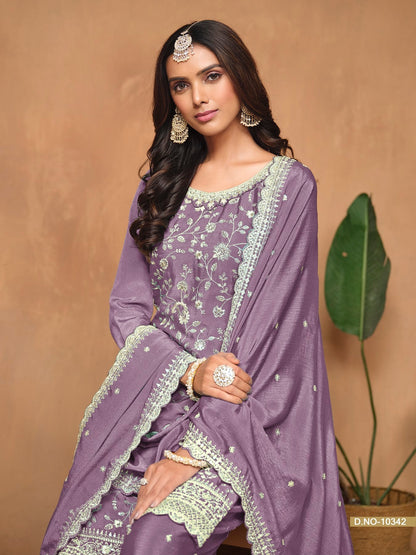 Anaita Lavender Embroidered Chinon Silk Palazzo Suit