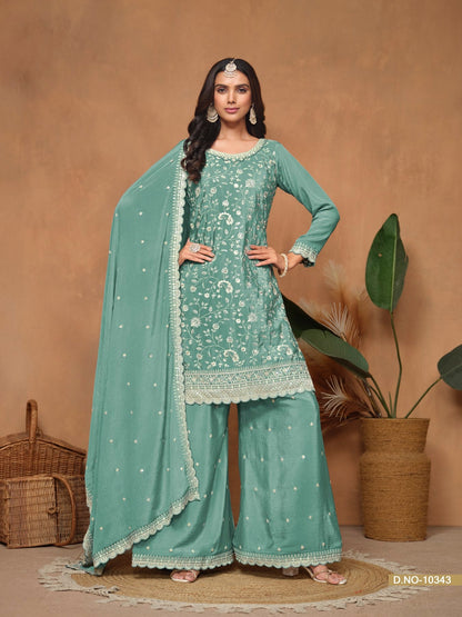Anaita Aqua Blue Embroidered Chinon Silk Palazzo Suit