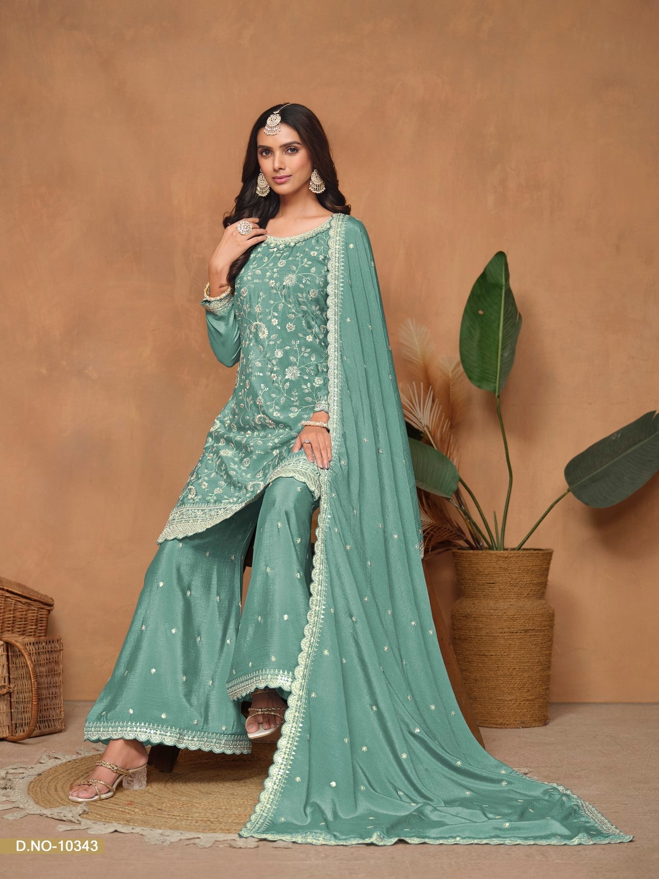 Anaita Aqua Blue Embroidered Chinon Silk Palazzo Suit