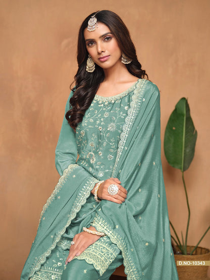 Anaita Aqua Blue Embroidered Chinon Silk Palazzo Suit