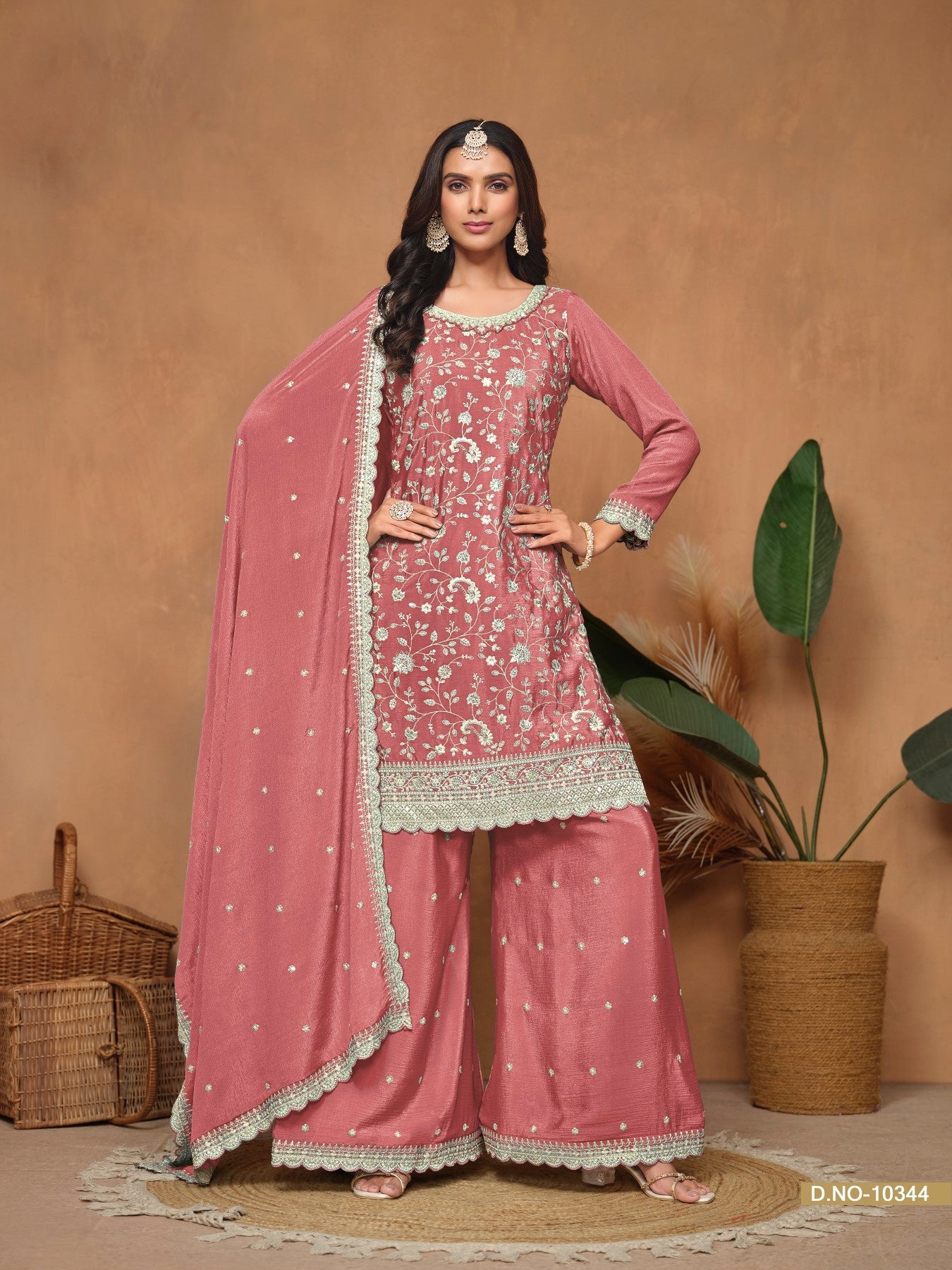 Anaita Peach Embroidered Chinon Silk Palazzo Suit