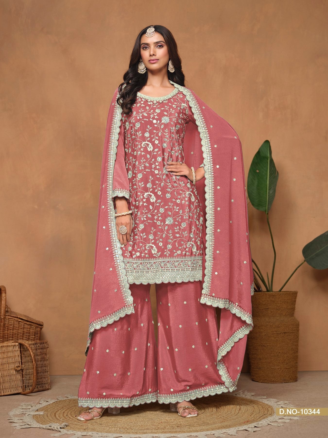 Anaita Peach Embroidered Chinon Silk Palazzo Suit
