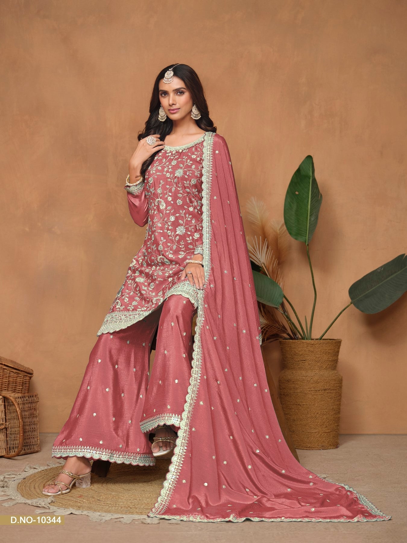 Anaita Peach Embroidered Chinon Silk Palazzo Suit