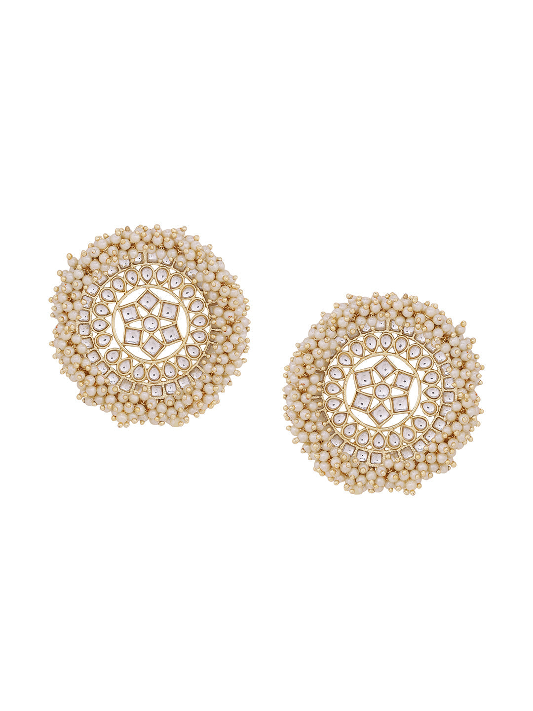 Shoshaa off-White Gold-Polished Kundan Studded & Beaded Circular Drop Earrings