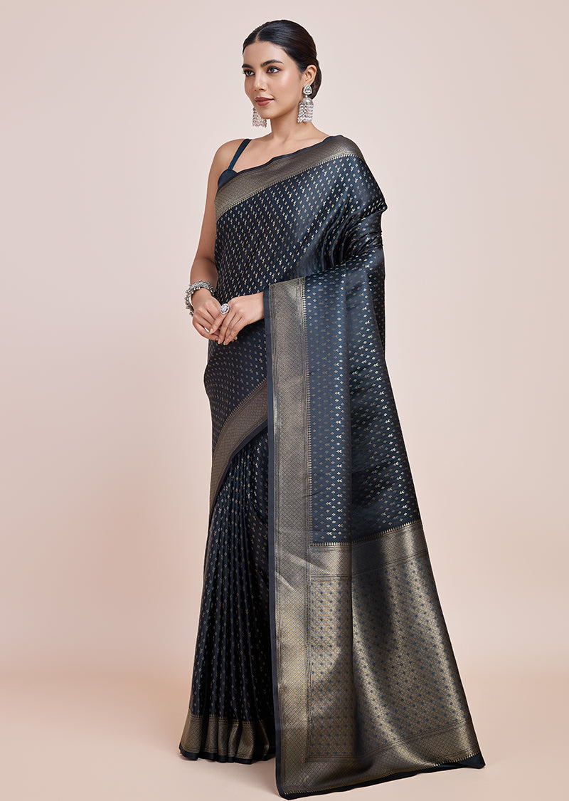 Monjolika Fashion Glamour And Tradition With This Zari Woven Dark Teal Color Banarasi Satin Silk Saree