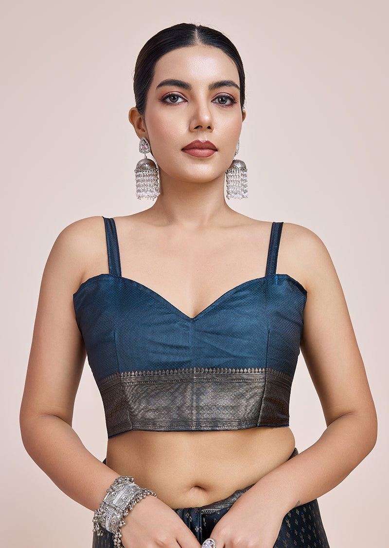 Monjolika Fashion Glamour And Tradition With This Zari Woven Dark Teal Color Banarasi Satin Silk Saree