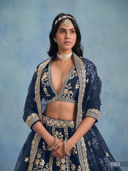 Anaita Navy Blue Embroidered Heavy Art Silk Designer Lehenga With Blouse