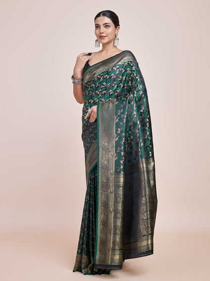 Monjolika Fashion Banarasi Satin Silk Dark Green Weaving Designer Saree