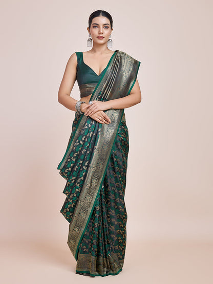 Monjolika Fashion Banarasi Satin Silk Dark Green Weaving Designer Saree