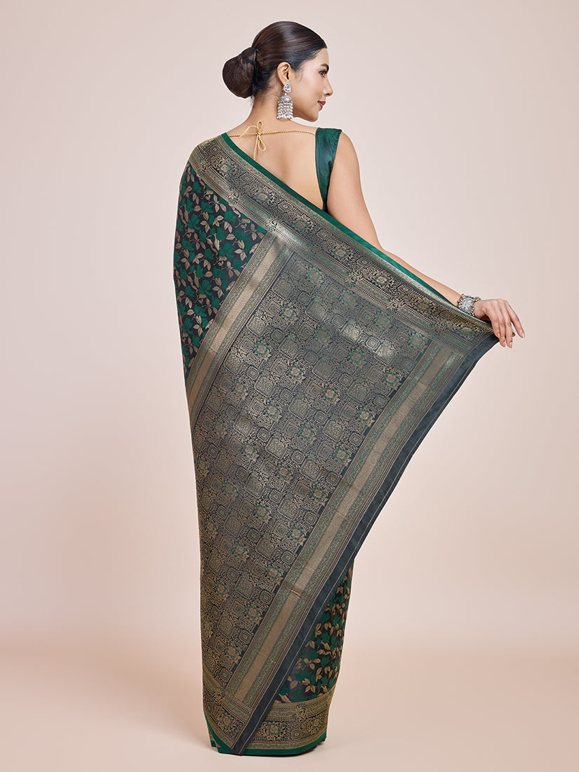 Monjolika Fashion Banarasi Satin Silk Dark Green Weaving Designer Saree