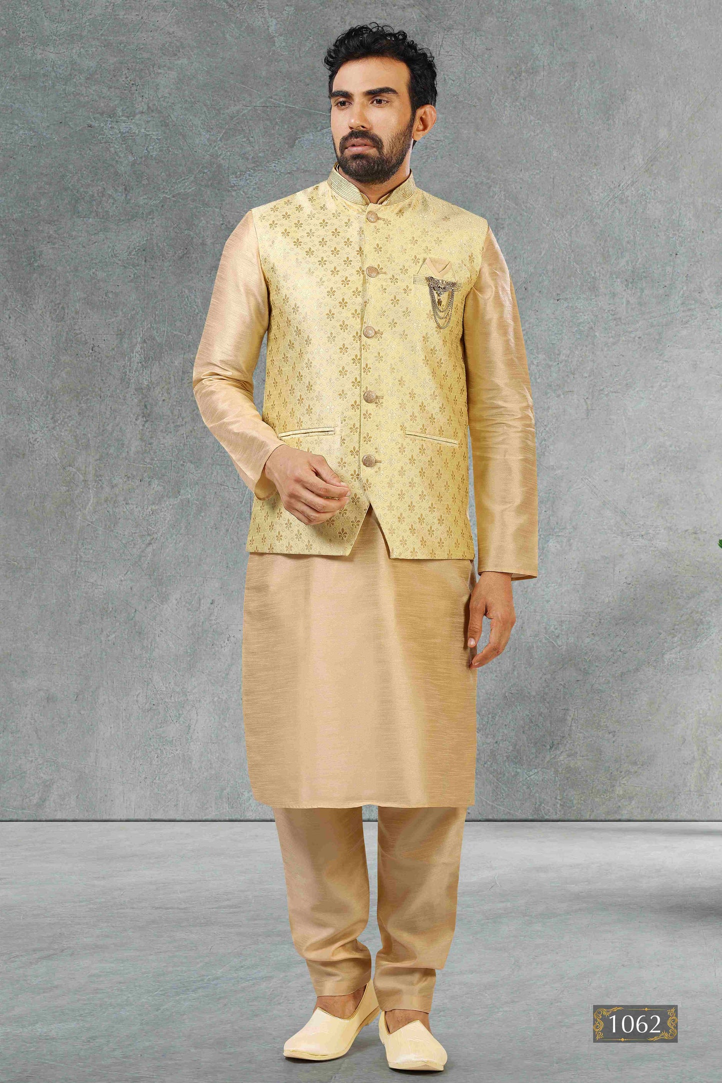 Raivat Ethnic Jacquard Banarasi Silk Woven Work 3 Pics Jacket Set In Gold Colour