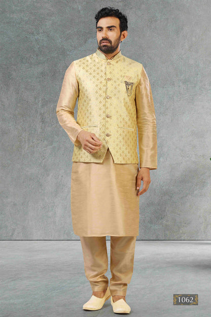 Raivat Ethnic Jacquard Banarasi Silk Woven Work 3 Pics Jacket Set In Gold Colour
