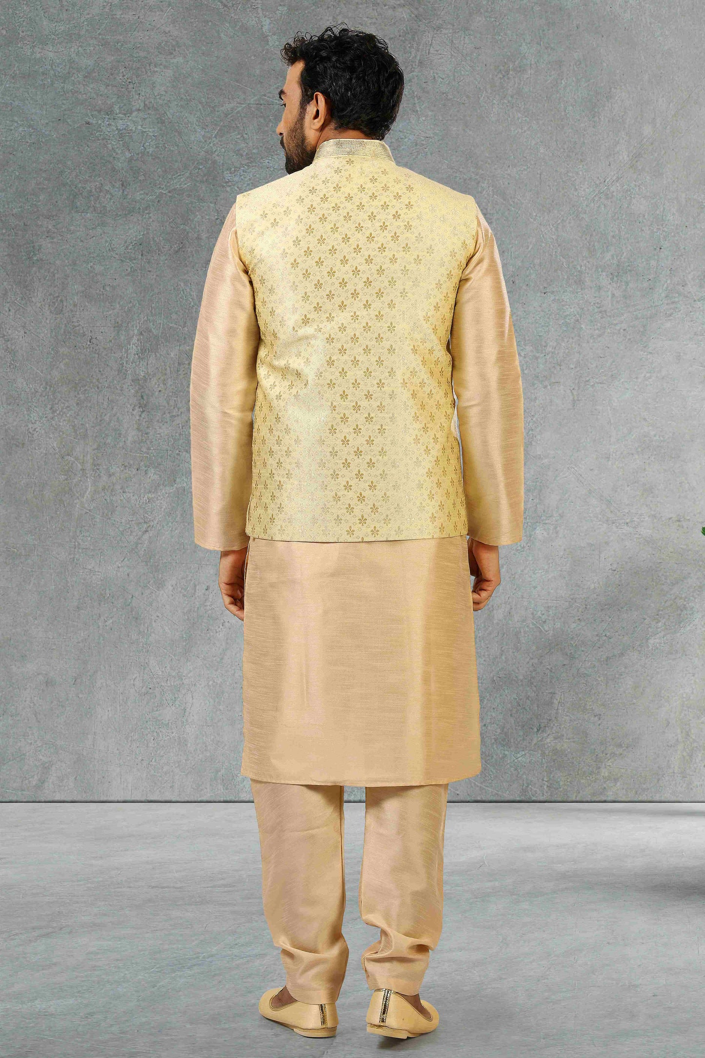 Raivat Ethnic Jacquard Banarasi Silk Woven Work 3 Pics Jacket Set In Gold Colour