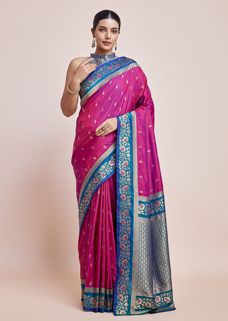 Monjolika Fashion Magenta Banarasi Silk In Satin Is Classy Embellished With Golden Zari Work Saree