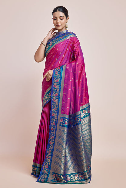 Monjolika Fashion Magenta Banarasi Silk In Satin Is Classy Embellished With Golden Zari Work Saree