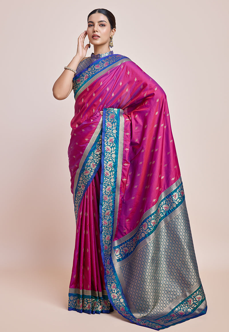 Monjolika Fashion Magenta Banarasi Silk In Satin Is Classy Embellished With Golden Zari Work Saree