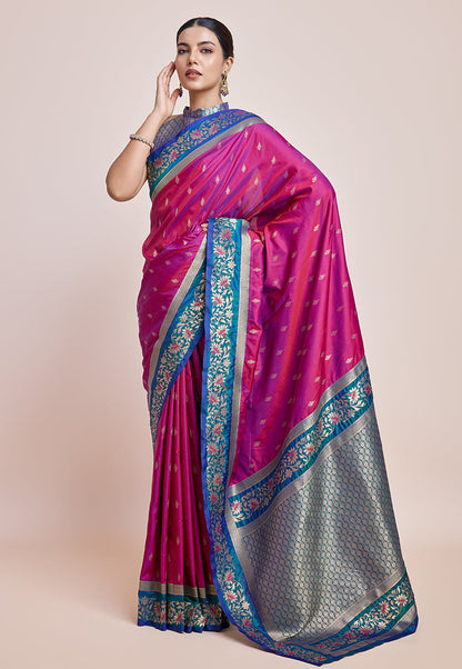 Monjolika Fashion Magenta Banarasi Silk In Satin Is Classy Embellished With Golden Zari Work Saree