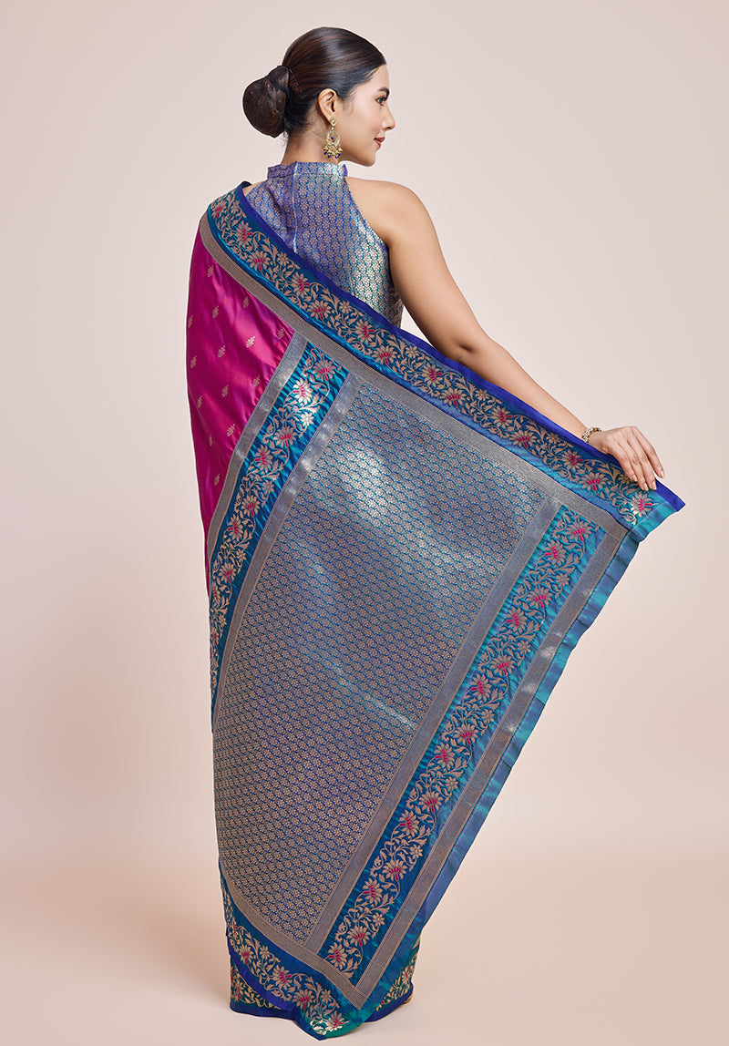 Monjolika Fashion Magenta Banarasi Silk In Satin Is Classy Embellished With Golden Zari Work Saree